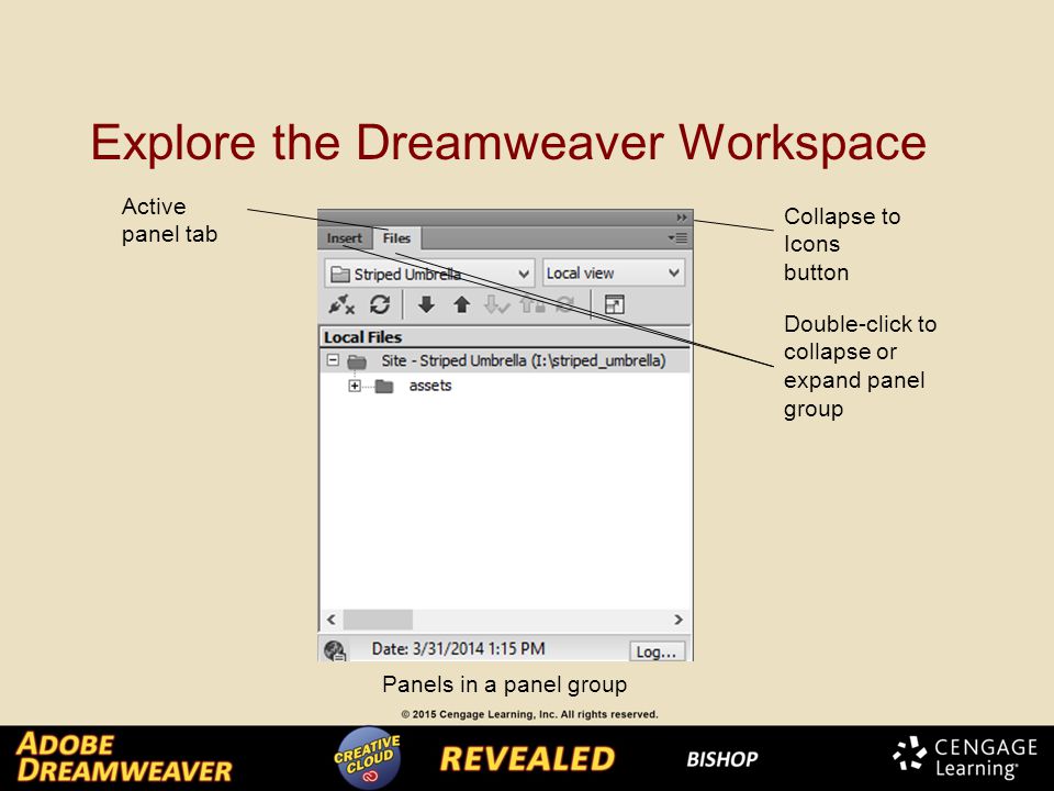 Explore the Dreamweaver Workspace Active panel tab Double-click to collapse or expand panel group Collapse to Icons button Panels in a panel group