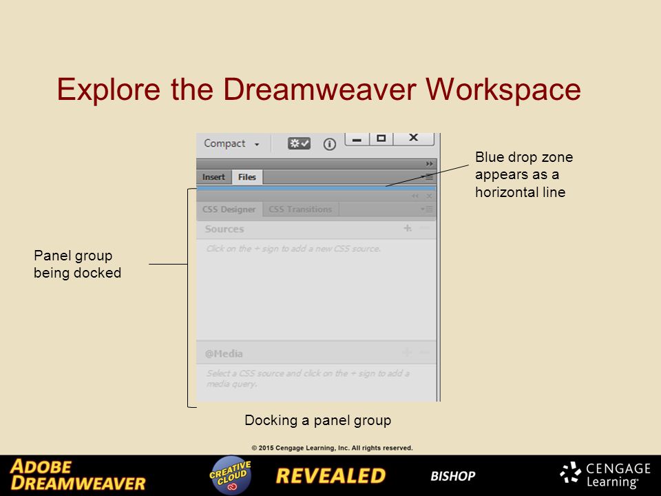 Explore the Dreamweaver Workspace Docking a panel group Blue drop zone appears as a horizontal line Panel group being docked