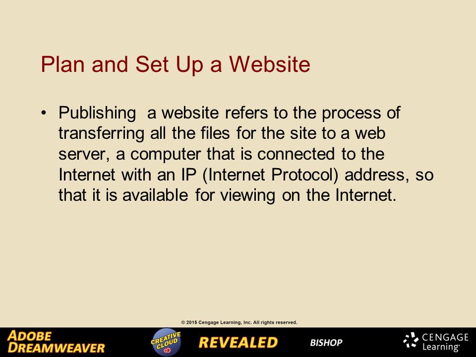 Plan and Set Up a Website Publishing a website refers to the process of transferring all the files for the site to a web server, a computer that is connected to the Internet with an IP (Internet Protocol) address, so that it is available for viewing on the Internet.