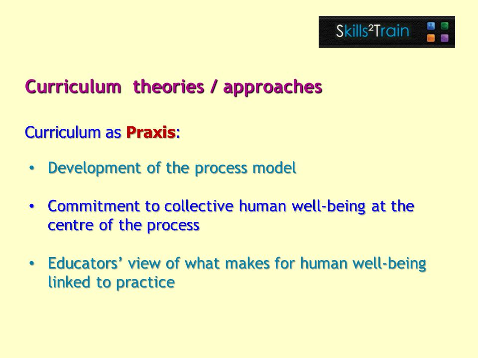 Development of the process model Development of the process model Commitment to collective human well-being at the centre of the process Commitment to collective human well-being at the centre of the process Educators’ view of what makes for human well-being linked to practice Educators’ view of what makes for human well-being linked to practice Curriculum theories / approaches Curriculum as Praxis: