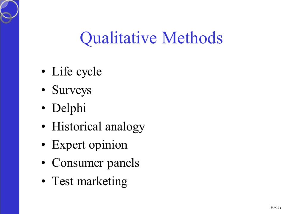 8S-5 Qualitative Methods Life cycle Surveys Delphi Historical analogy Expert opinion Consumer panels Test marketing
