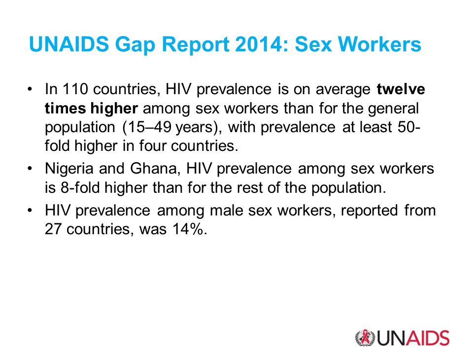 In 110 countries, HIV prevalence is on average twelve times higher among sex workers than for the general population (15–49 years), with prevalence at least 50- fold higher in four countries.