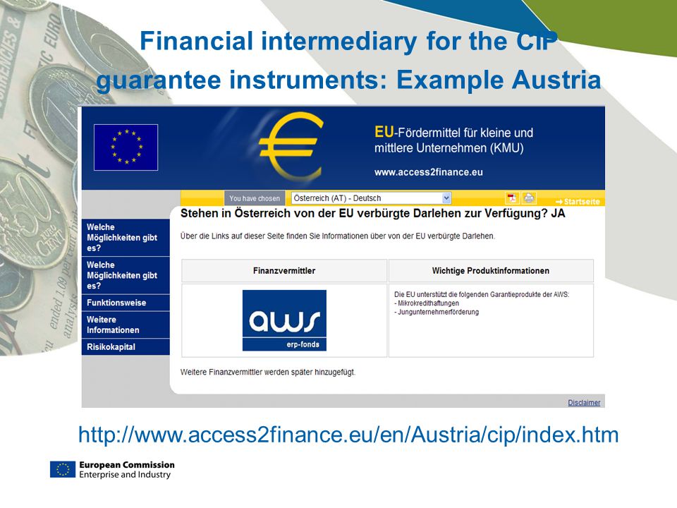 Financial intermediary for the CIP guarantee instruments: Example Austria