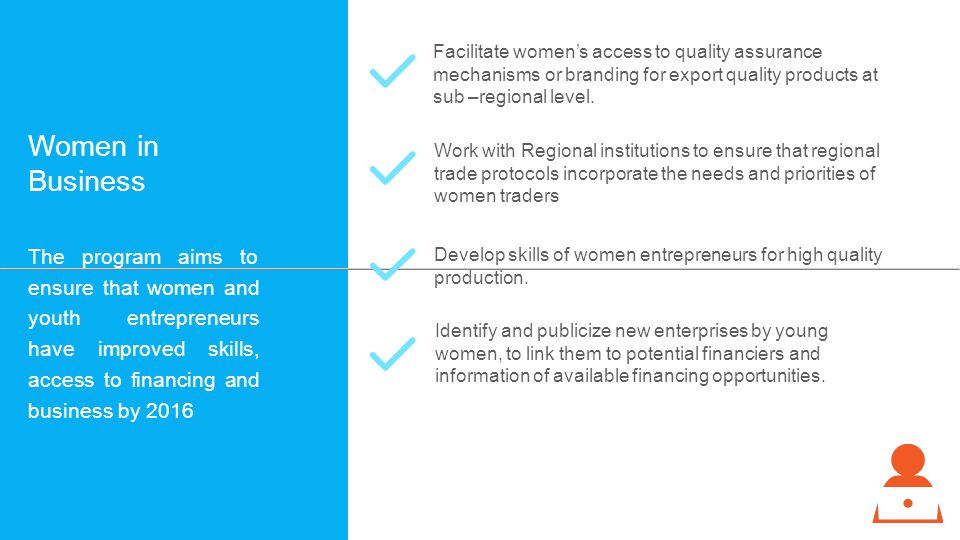 Women in Business The program aims to ensure that women and youth entrepreneurs have improved skills, access to financing and business by 2016 Facilitate women’s access to quality assurance mechanisms or branding for export quality products at sub –regional level.