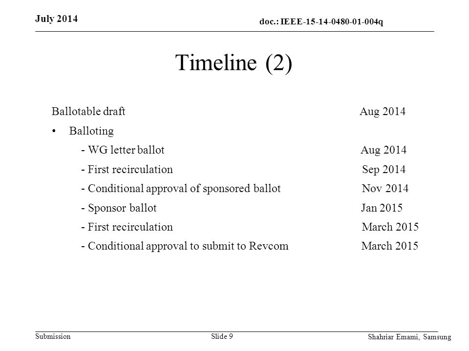 doc.: IEEE q q Submission Timeline (2) Slide 9 Ballotable draft Aug 2014 Balloting - WG letter ballot Aug First recirculation Sep Conditional approval of sponsored ballot Nov Sponsor ballot Jan First recirculation March Conditional approval to submit to Revcom March 2015 July 2014 Shahriar Emami, Samsung