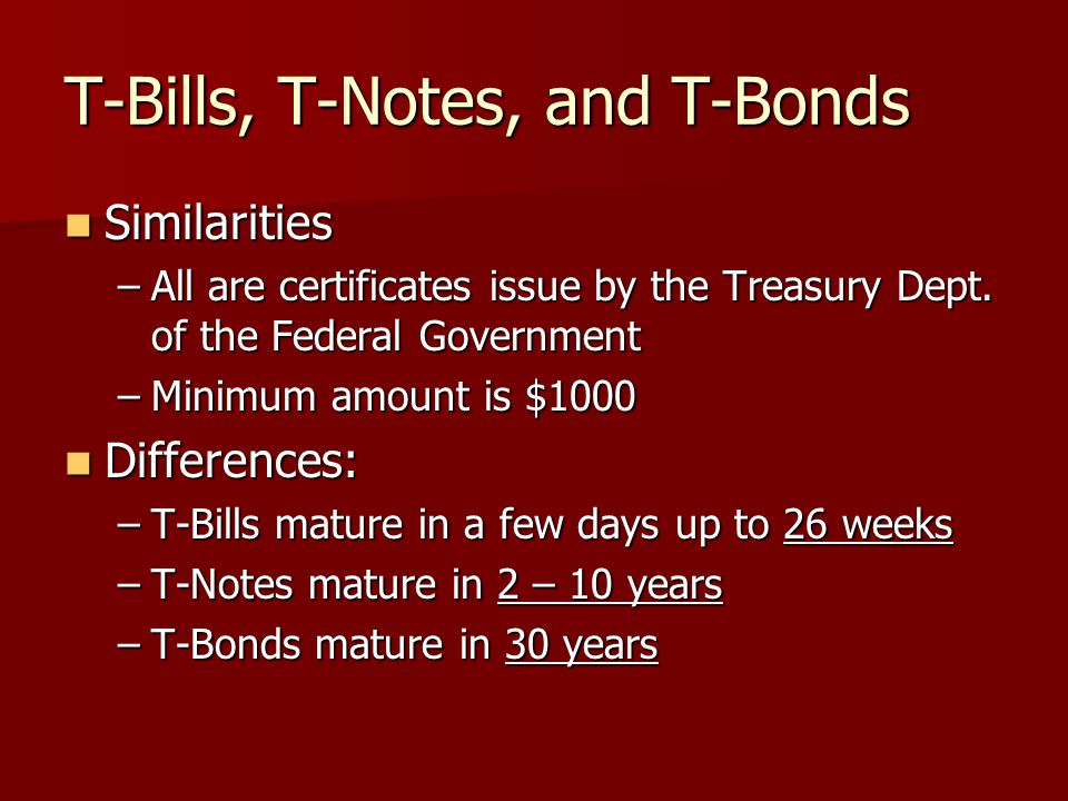 T-Bills, T-Notes, and T-Bonds Similarities Similarities –All are certificates issue by the Treasury Dept.