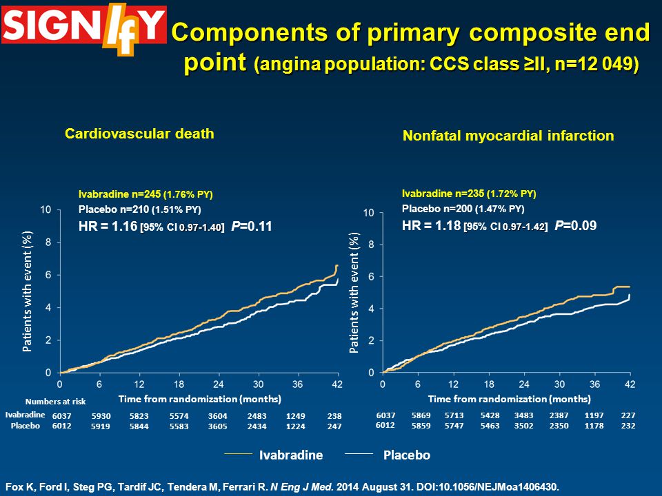 Components of primary composite end point (angina population: CCS class ≥II, n=12 049) Time from randomization (months) Patients with event (%) Ivabradine Placebo Numbers at risk Time from randomization (months) Patients with event (%) Placebo Ivabradine Ivabradine n=235 (1.72% PY) Placebo n=200 (1.47% PY) [ HR = 1.18 [95% CI ] P=0.09 Ivabradine n=245 (1.76% PY) Placebo n=210 (1.51% PY) [ HR = 1.16 [95% CI ] P=0.11 Cardiovascular death Nonfatal myocardial infarction Fox K, Ford I, Steg PG, Tardif JC, Tendera M, Ferrari R.