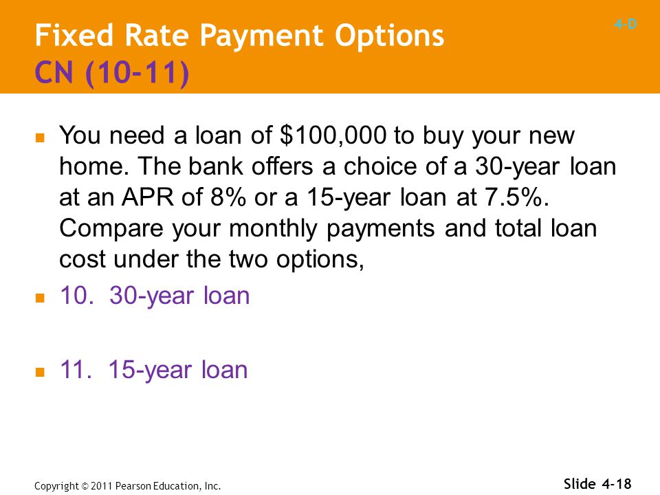 4-D Fixed Rate Payment Options CN (10-11) You need a loan of $100,000 to buy your new home.