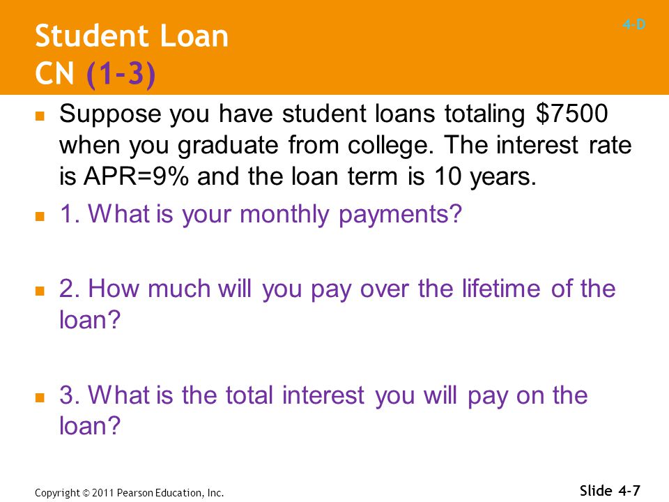 4-D Student Loan CN (1-3) Suppose you have student loans totaling $7500 when you graduate from college.