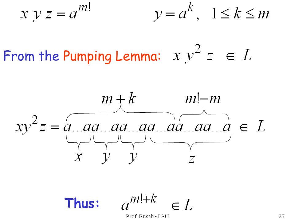 Prof. Busch - LSU27 From the Pumping Lemma: Thus: