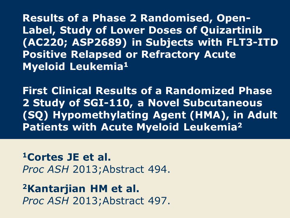 Results of a Phase 2 Randomised, Open- Label, Study of Lower Doses of Quizartinib (AC220; ASP2689) in Subjects with FLT3-ITD Positive Relapsed or Refractory Acute Myeloid Leukemia 1 First Clinical Results of a Randomized Phase 2 Study of SGI-110, a Novel Subcutaneous (SQ) Hypomethylating Agent (HMA), in Adult Patients with Acute Myeloid Leukemia 2 1 Cortes JE et al.