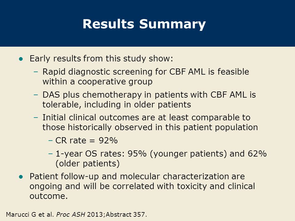Results Summary Early results from this study show: –Rapid diagnostic screening for CBF AML is feasible within a cooperative group –DAS plus chemotherapy in patients with CBF AML is tolerable, including in older patients –Initial clinical outcomes are at least comparable to those historically observed in this patient population –CR rate = 92% –1-year OS rates: 95% (younger patients) and 62% (older patients) Patient follow-up and molecular characterization are ongoing and will be correlated with toxicity and clinical outcome.