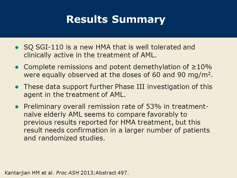 Results Summary SQ SGI-110 is a new HMA that is well tolerated and clinically active in the treatment of AML.