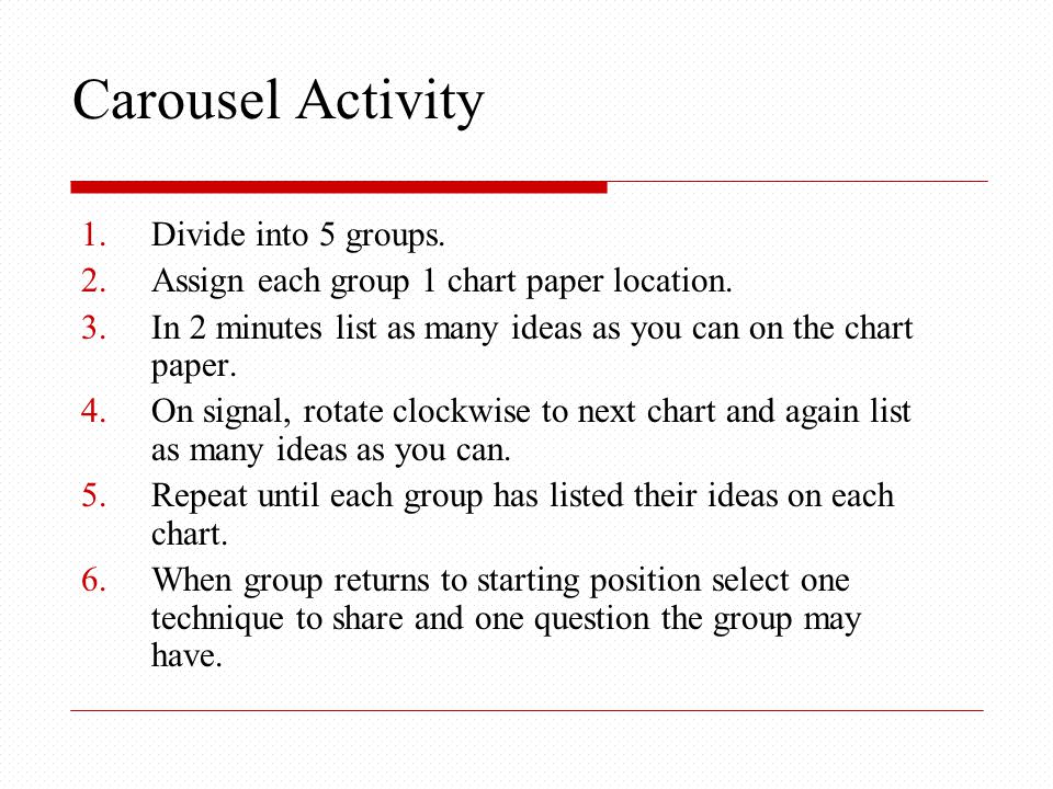 1.Divide into 5 groups. 2.Assign each group 1 chart paper location.