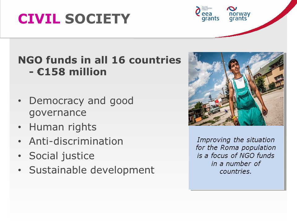 CIVIL SOCIETY NGO funds in all 16 countries - €158 million Democracy and good governance Human rights Anti-discrimination Social justice Sustainable development Improving the situation for the Roma population is a focus of NGO funds in a number of countries.