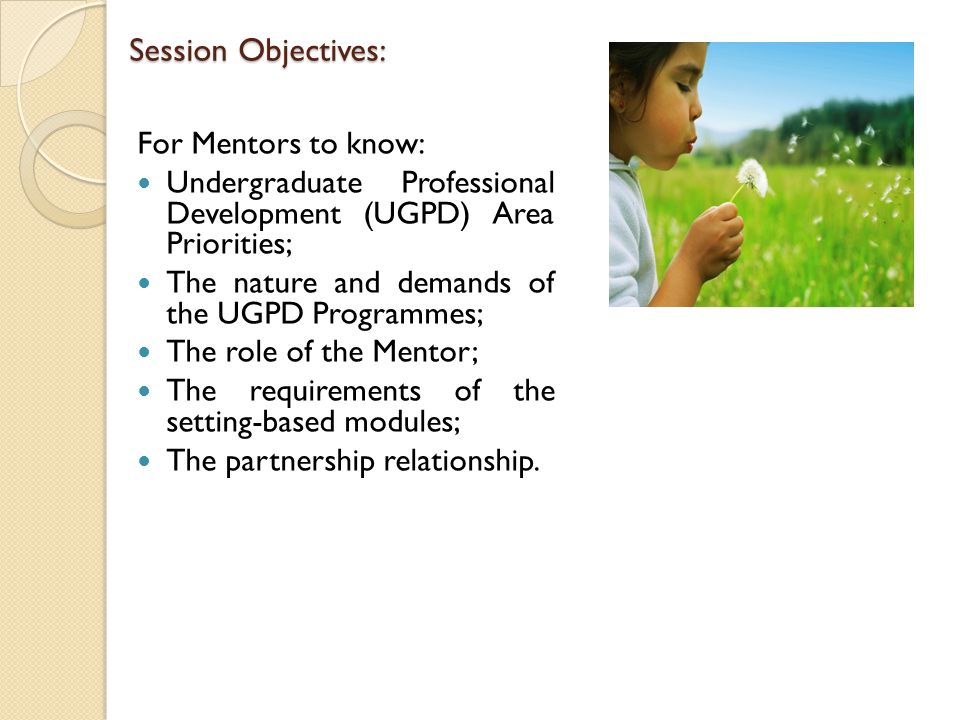 Session Objectives: For Mentors to know: Undergraduate Professional Development (UGPD) Area Priorities; The nature and demands of the UGPD Programmes; The role of the Mentor; The requirements of the setting-based modules; The partnership relationship.