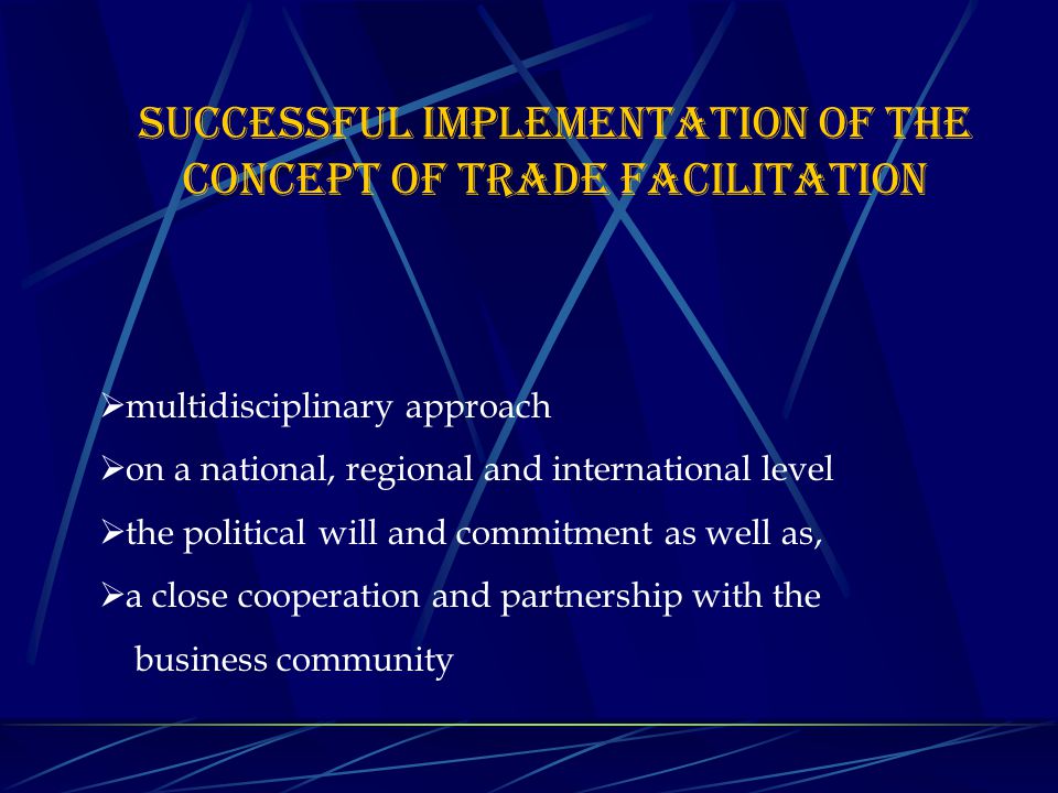 successful implementation of the concept of trade facilitation  multidisciplinary approach  on a national, regional and international level  the political will and commitment as well as,  a close cooperation and partnership with the business community