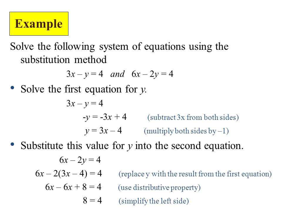 Solve the following system of equations using the substitution method 3x – y = 4 and 6x – 2y = 4 Solve the first equation for y.