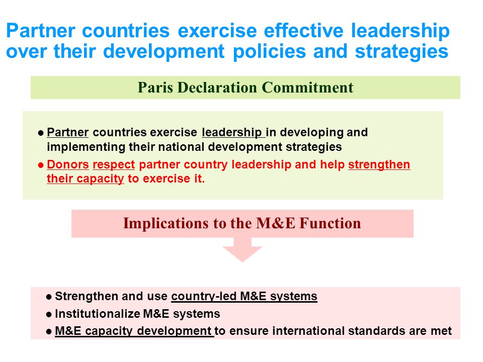 Partner countries exercise effective leadership over their development policies and strategies Partner countries exercise leadership in developing and implementing their national development strategies Donors respect partner country leadership and help strengthen their capacity to exercise it.