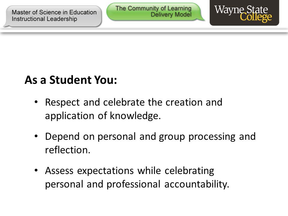 As a Student You: Respect and celebrate the creation and application of knowledge.