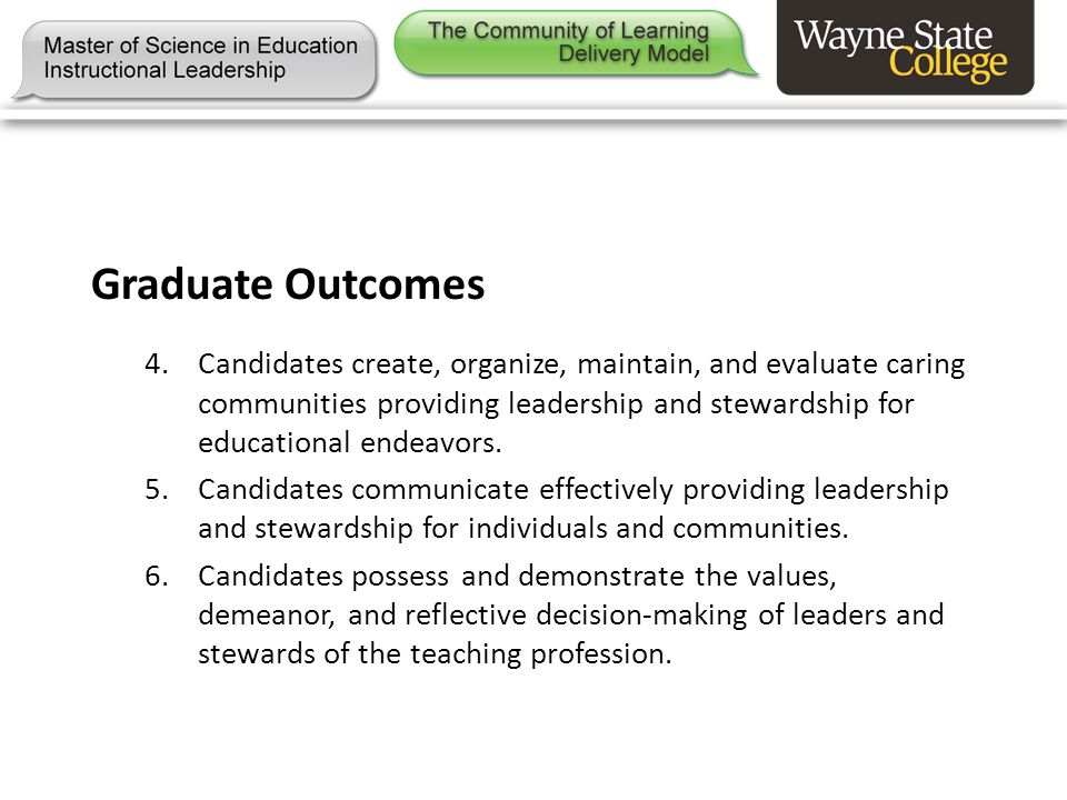 Graduate Outcomes 4.Candidates create, organize, maintain, and evaluate caring communities providing leadership and stewardship for educational endeavors.