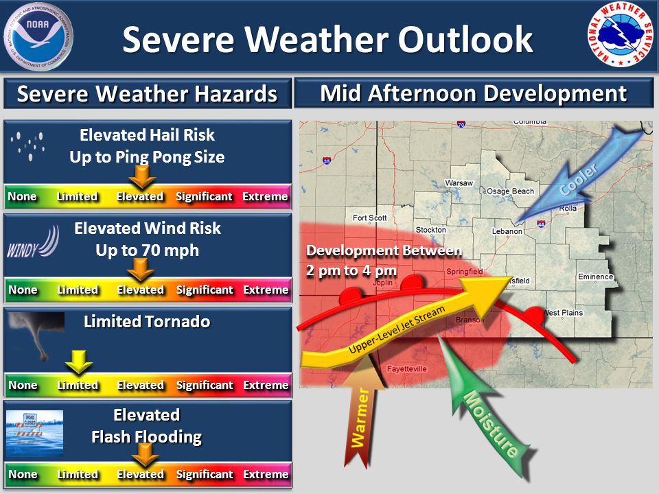 Limited Tornado Severe Weather Outlook Elevated Flash Flooding Elevated Elevated Wind Risk Up to 70 mph Elevated Wind Risk Up to 70 mph Elevated Hail Risk Up to Ping Pong Size Elevated Hail Risk Up to Ping Pong Size Severe Weather Hazards None Limited Elevated Significant Extreme Mid Afternoon Development None Limited Elevated Significant Extreme Cooler Development Between 2 pm to 4 pm Development Between 2 pm to 4 pm
