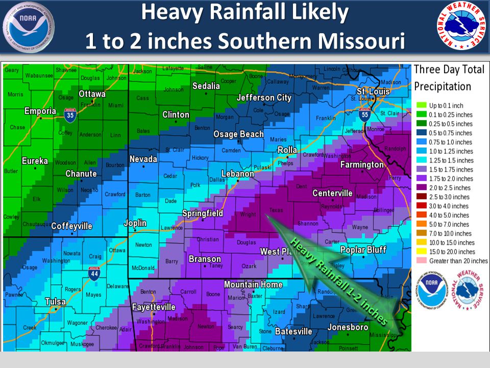 Heavy Rainfall Likely 1 to 2 inches Southern Missouri Heavy Rainfall 1-2 inches