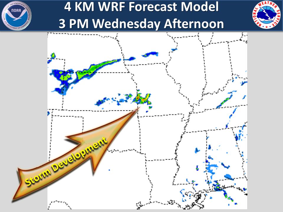 4 KM WRF Forecast Model 3 PM Wednesday Afternoon Storm Development