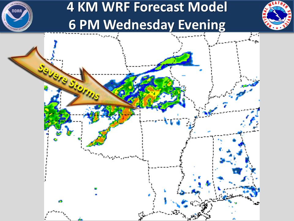 4 KM WRF Forecast Model 6 PM Wednesday Evening Severe Storms