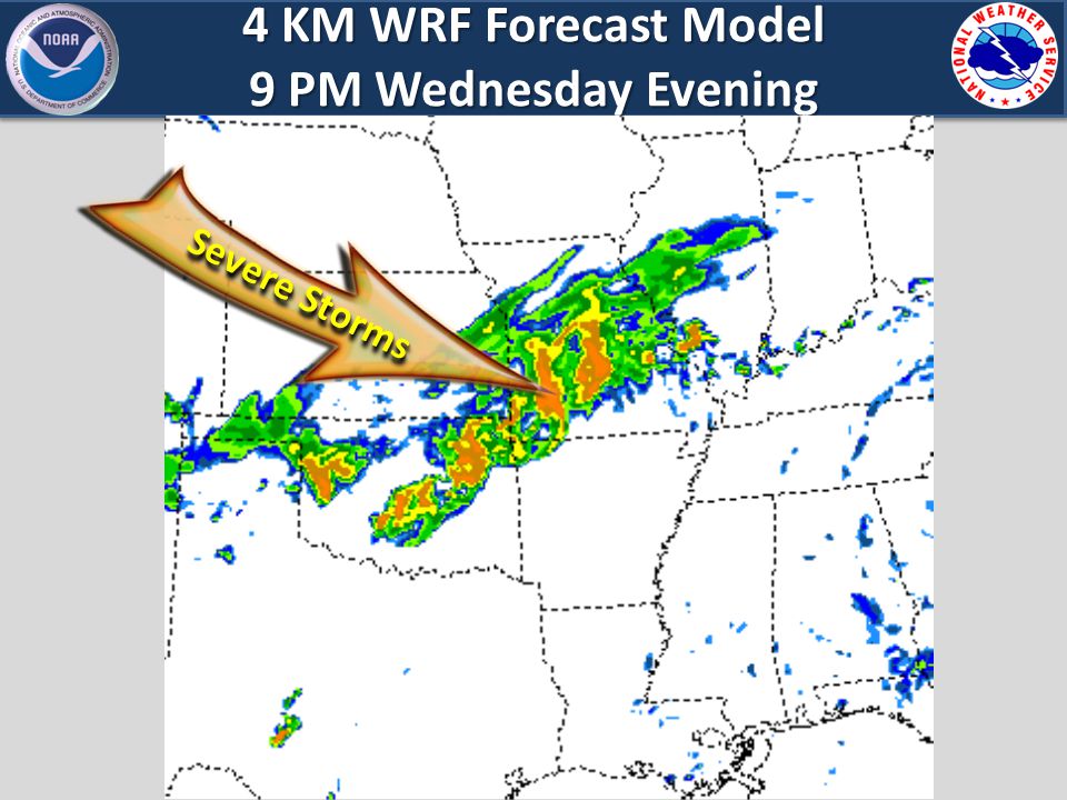 4 KM WRF Forecast Model 9 PM Wednesday Evening Severe Storms