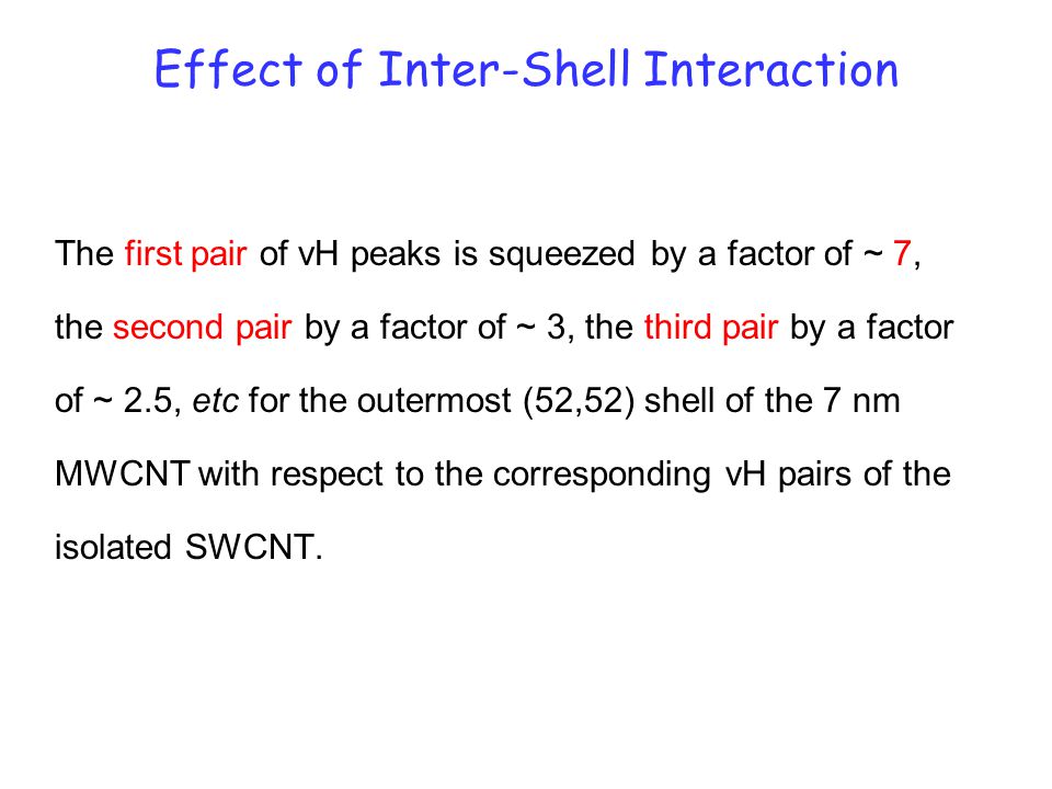 Effect of Inter-Shell Interaction The first pair of vH peaks is squeezed by a factor of ~ 7, the second pair by a factor of ~ 3, the third pair by a factor of ~ 2.5, etc for the outermost (52,52) shell of the 7 nm MWCNT with respect to the corresponding vH pairs of the isolated SWCNT.