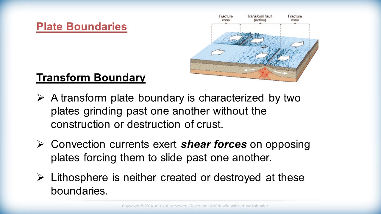 Copyright © 2014 All rights reserved, Government of Newfoundland and Labrador Transform Boundary  A transform plate boundary is characterized by two plates grinding past one another without the construction or destruction of crust.