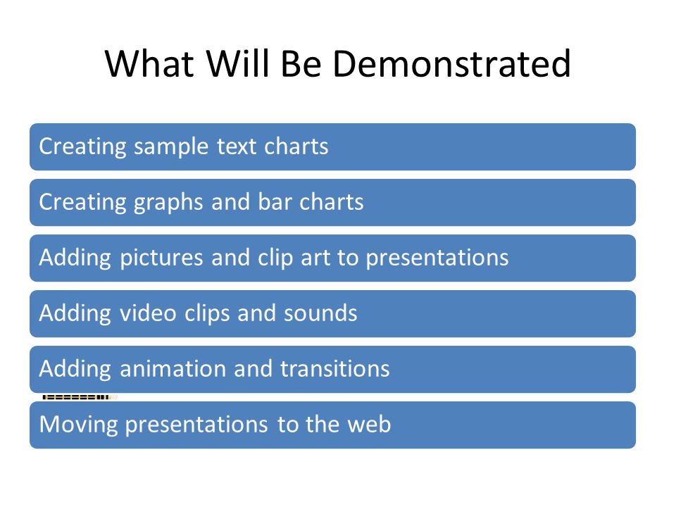 What Will Be Demonstrated Creating sample text chartsCreating graphs and bar chartsAdding pictures and clip art to presentationsAdding video clips and soundsAdding animation and transitionsMoving presentations to the web