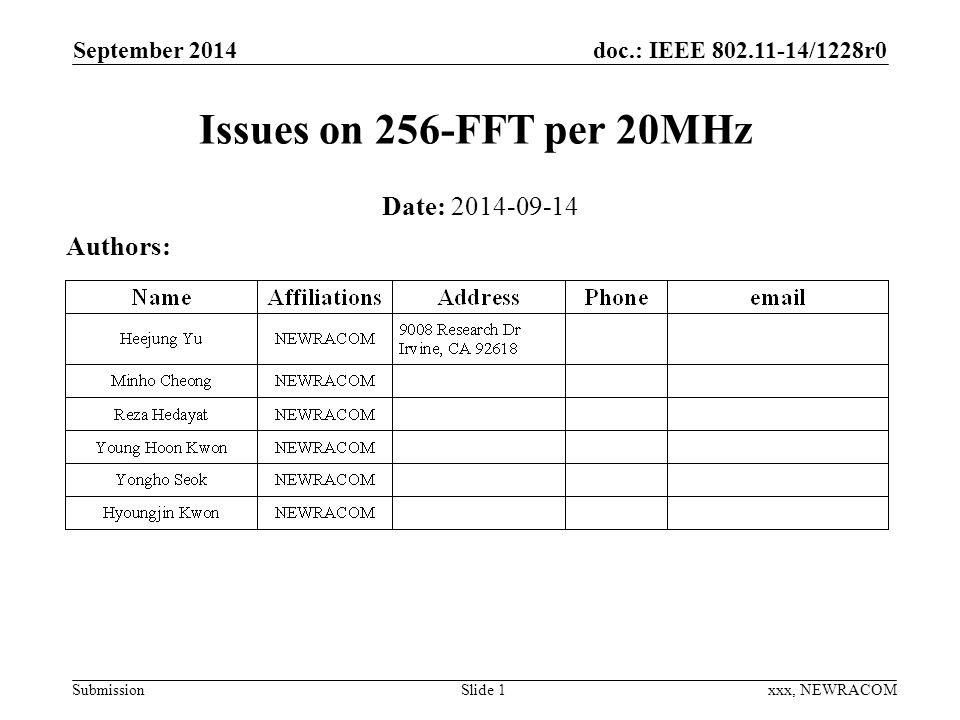doc.: IEEE /1228r0 Submission September 2014 xxx, NEWRACOM Issues on 256-FFT per 20MHz Date: Authors: Slide 1