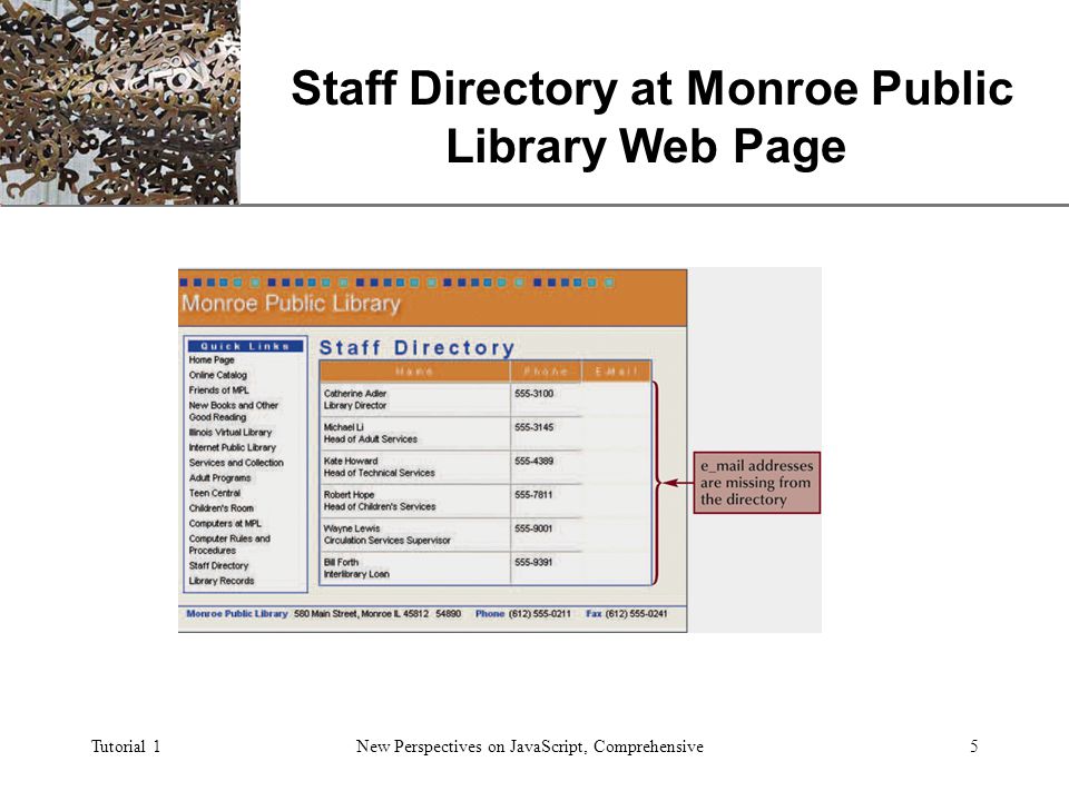 XP Tutorial 1New Perspectives on JavaScript, Comprehensive5 Staff Directory at Monroe Public Library Web Page