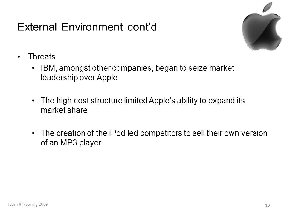External Environment cont’d Threats IBM, amongst other companies, began to seize market leadership over Apple The high cost structure limited Apple’s ability to expand its market share The creation of the iPod led competitors to sell their own version of an MP3 player 13 Team #4/Spring 2009