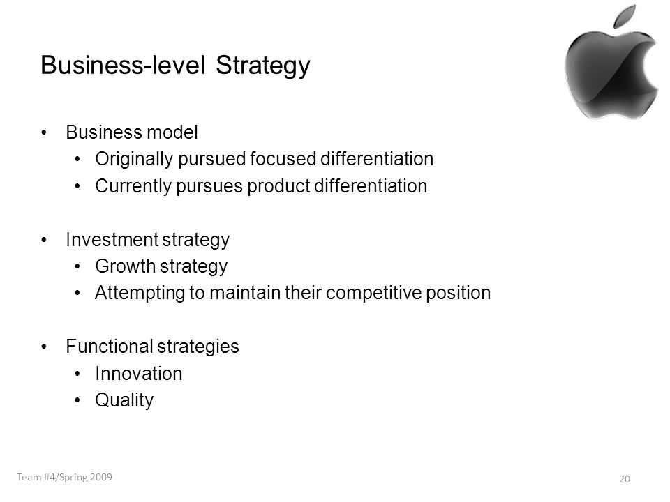 Business-level Strategy Business model Originally pursued focused differentiation Currently pursues product differentiation Investment strategy Growth strategy Attempting to maintain their competitive position Functional strategies Innovation Quality 20 Team #4/Spring 2009