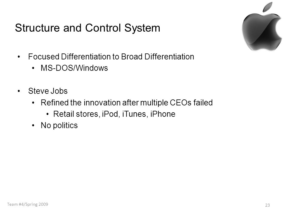 Structure and Control System Focused Differentiation to Broad Differentiation MS-DOS/Windows Steve Jobs Refined the innovation after multiple CEOs failed Retail stores, iPod, iTunes, iPhone No politics 23 Team #4/Spring 2009