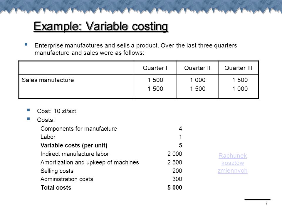 7 Example: Variable costing  Enterprise manufactures and sells a product.