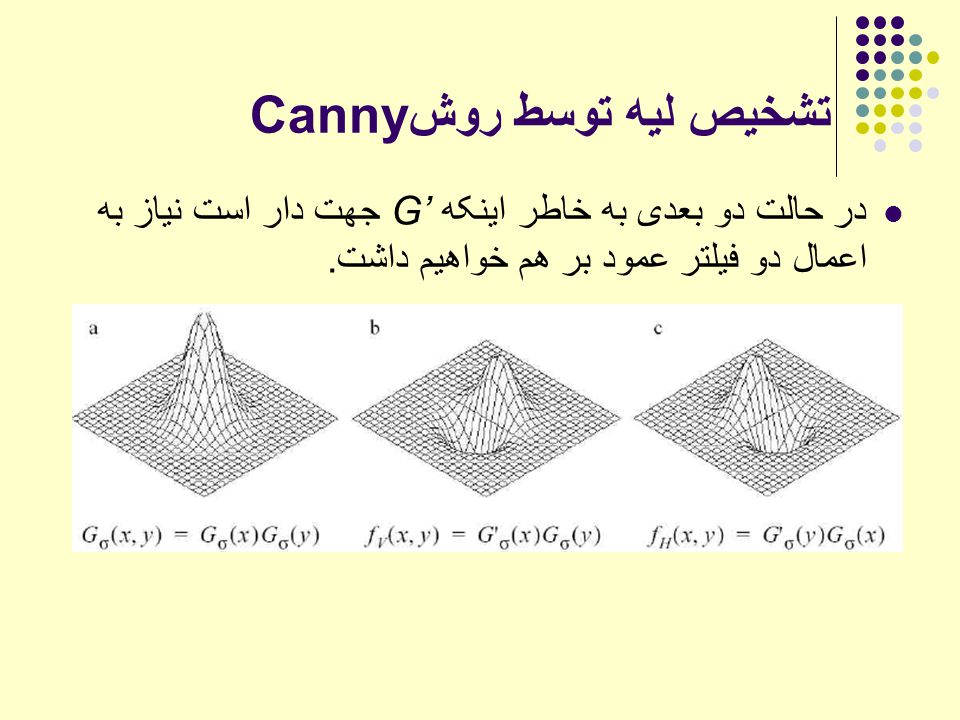 تشخیص لیه توسط روش Canny در حالت دو بعدی به خاطر اینکه G’ جهت دار است نیاز به اعمال دو فیلتر عمود بر هم خواهیم داشت.