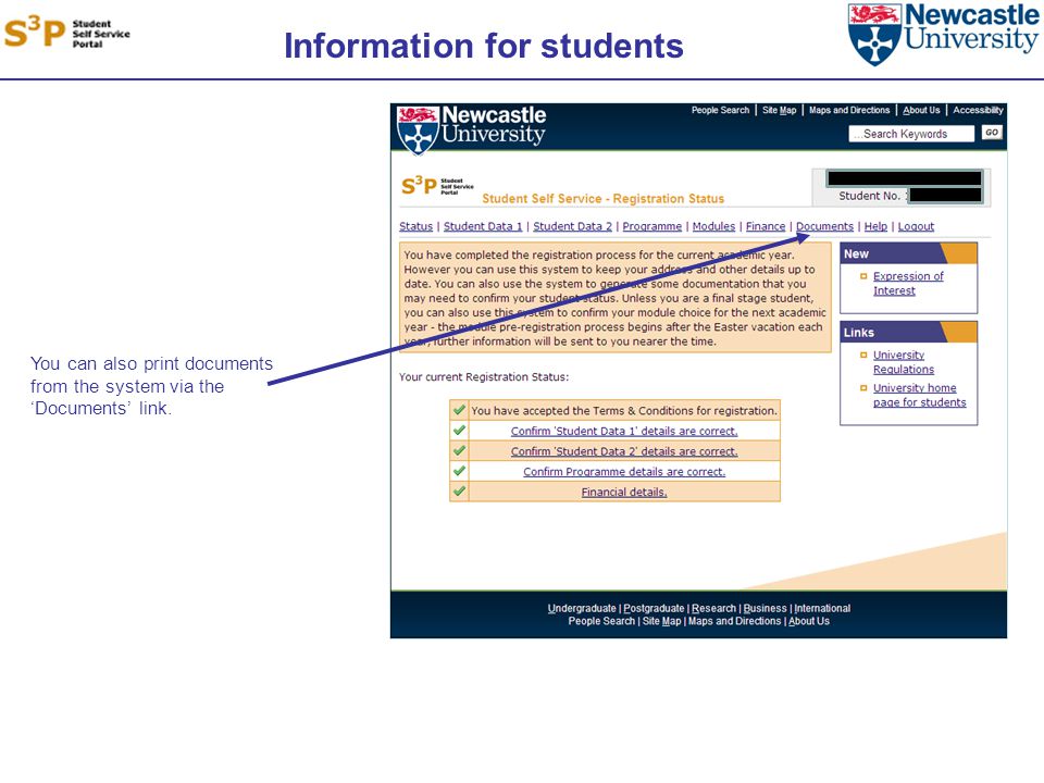 Information for students You can also print documents from the system via the ‘Documents’ link.