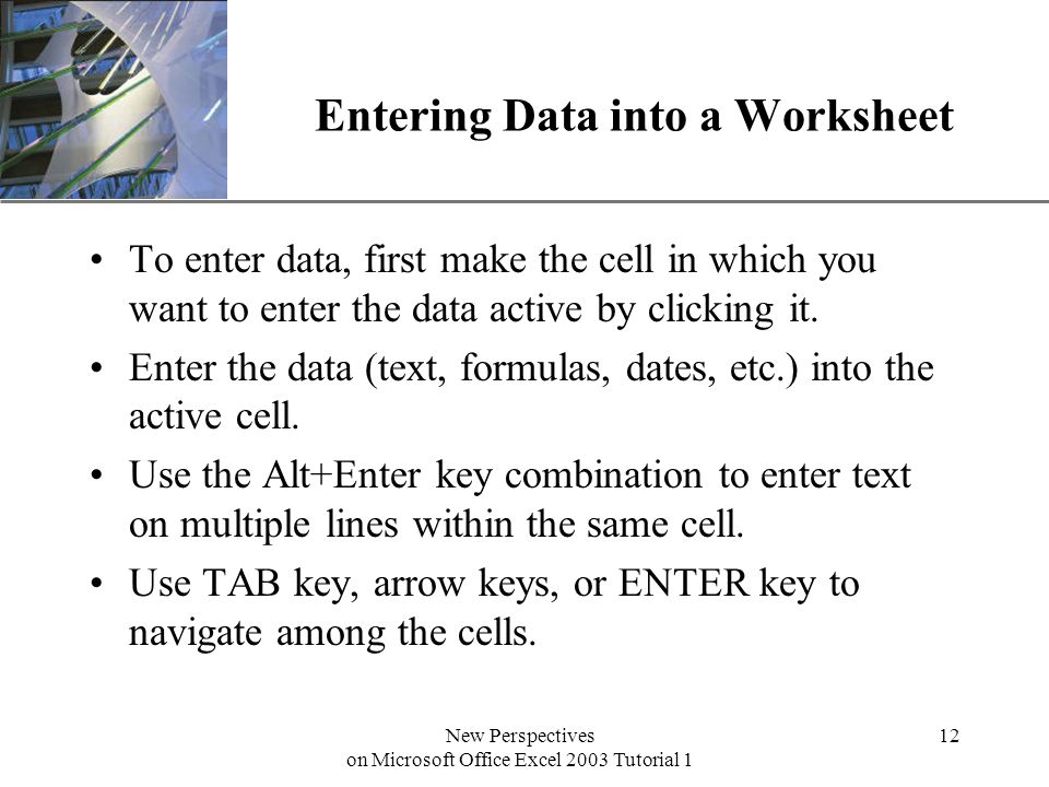 XP New Perspectives on Microsoft Office Excel 2003 Tutorial 1 12 Entering Data into a Worksheet To enter data, first make the cell in which you want to enter the data active by clicking it.