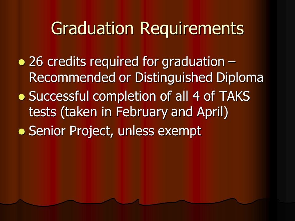 Graduation Requirements 26 credits required for graduation – Recommended or Distinguished Diploma 26 credits required for graduation – Recommended or Distinguished Diploma Successful completion of all 4 of TAKS tests (taken in February and April) Successful completion of all 4 of TAKS tests (taken in February and April) Senior Project, unless exempt Senior Project, unless exempt