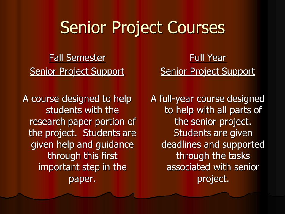 Senior Project Courses Fall Semester Senior Project Support A course designed to help students with the research paper portion of the project.