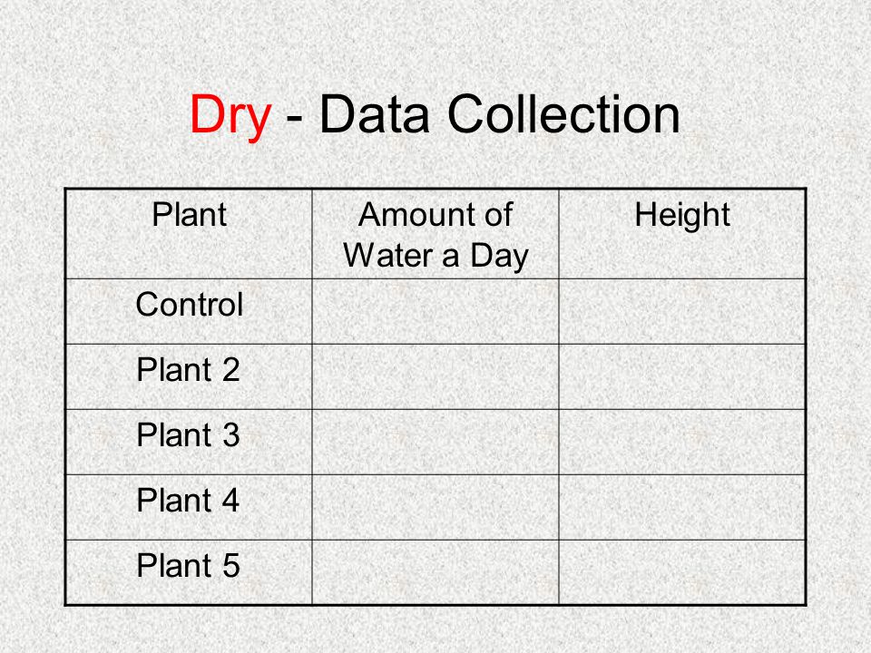 Dry - Data Collection PlantAmount of Water a Day Height Control Plant 2 Plant 3 Plant 4 Plant 5