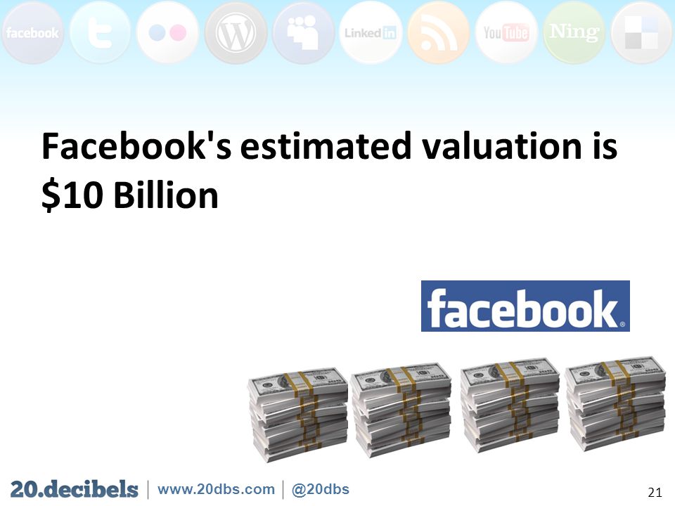 Facebook s estimated valuation is $10 Billion 21