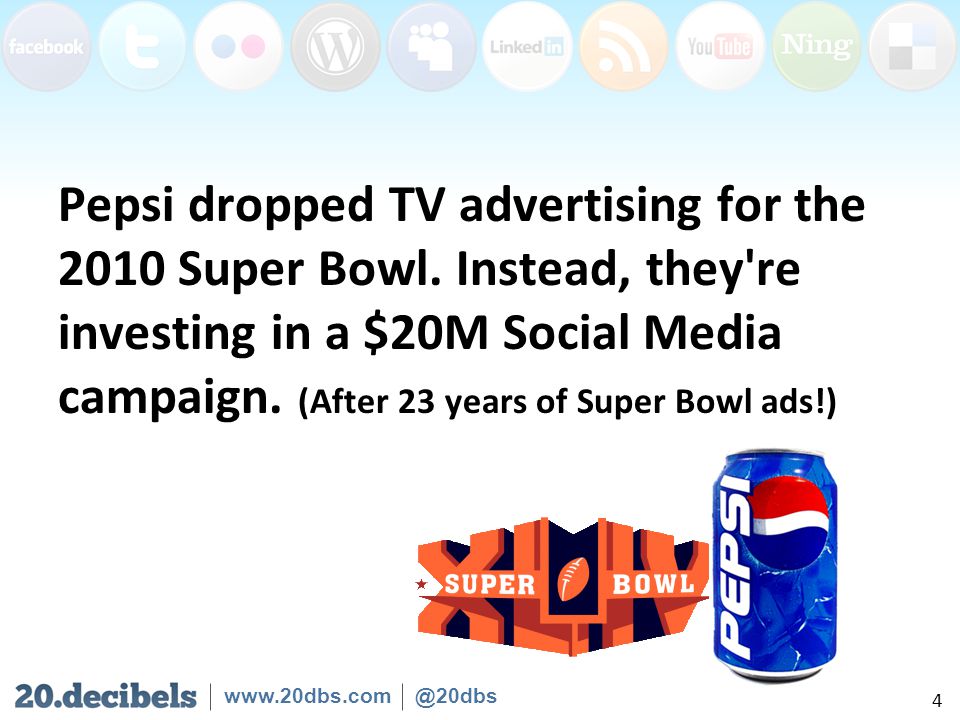 Pepsi dropped TV advertising for the 2010 Super Bowl.