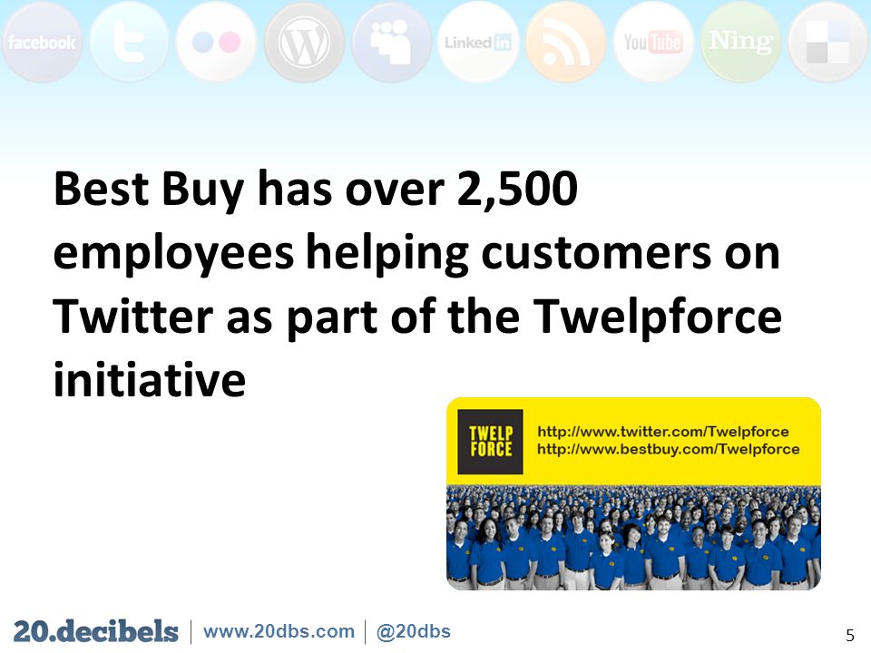 Best Buy has over 2,500 employees helping customers on Twitter as part of the Twelpforce initiative 5