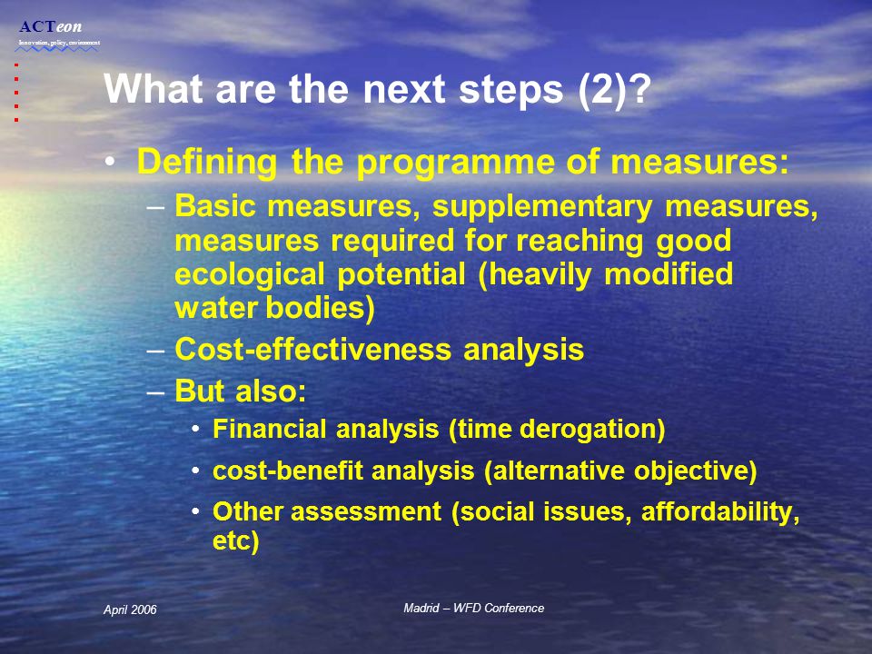 ACTeon Innovation, policy, environment Madrid – WFD Conference April 2006 What are the next steps (2).