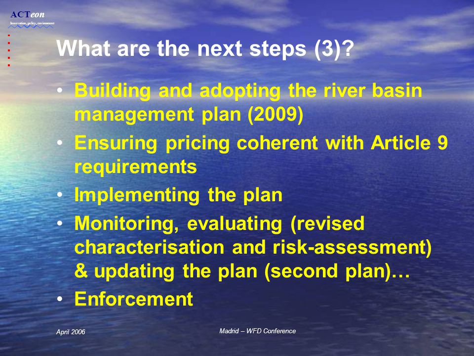 ACTeon Innovation, policy, environment Madrid – WFD Conference April 2006 What are the next steps (3).